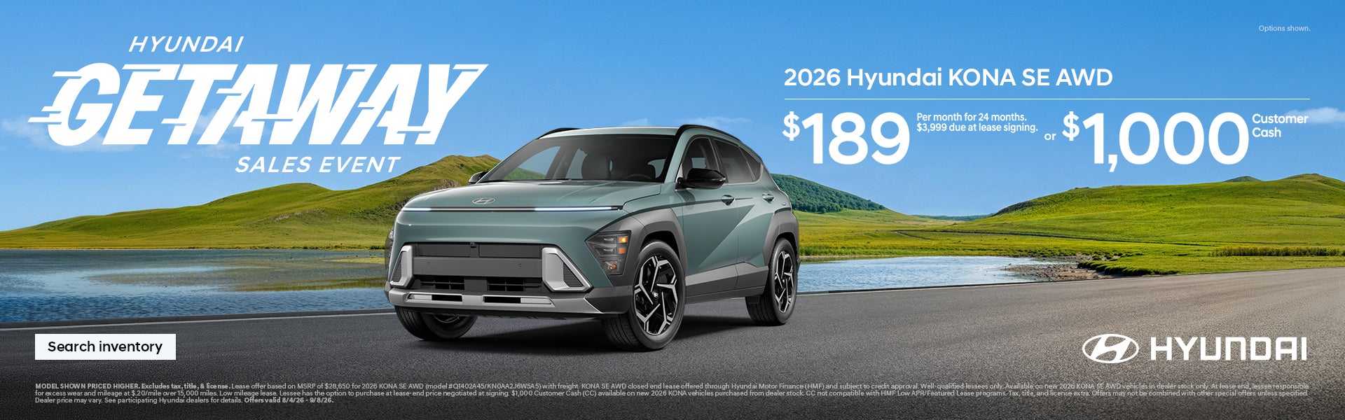 Kona $189/24/$3,999 Lease or $1,000 Customer Cash